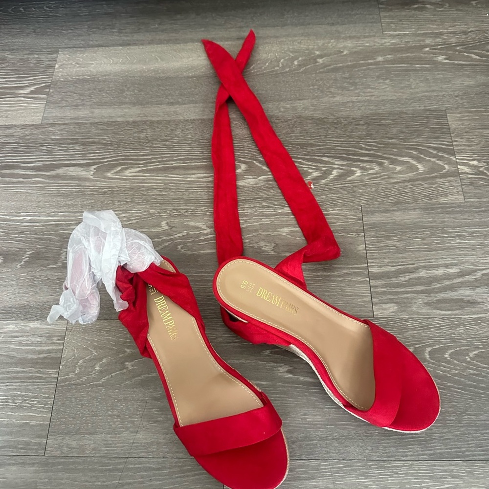 NWT Red Ankle Tie Wedge Sandals - Picture 2 of 6